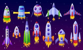 Cartoon spaceships. Futuristic rockets, spacecraft with space background. Colorful space aircraft, shuttle or vehicle toy for kids vector set