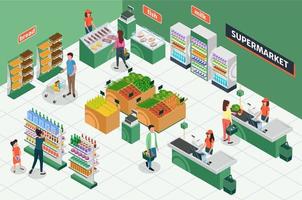 Isometric grocery store. Supermarket interior with furniture, customers, cashier. People buying groceries, shopping mall 3d vector layout