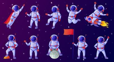 Cartoon astronaut. Cosmonaut waving hand, holding flag, dancing, sitting on moon, riding rocket. Spaceman in outer space vector set