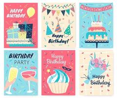 contento cumpleaños tarjeta. linda cumpleaños saludo tarjetas con mano dibujado elementos pastel, velas, globos fiesta invitación modelo vector conjunto
