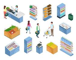 Isometric shopping people. Customers with baskets or trolley carts. Woman at supermarket checkout. Store furniture with products vector set