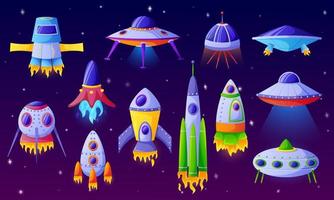 Cartoon alien spaceship. Fantasy ufo spacecraft, futuristic space shuttle or aircraft. Funny colorful rockets for kids game design vector set