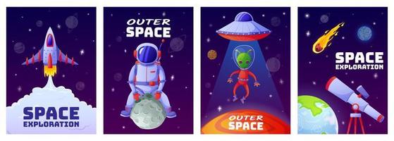 Cartoon space posters. Universe banners with astronaut, rocket, alien, ufo, planets, stars. Cartoon children cosmos poster vector template set