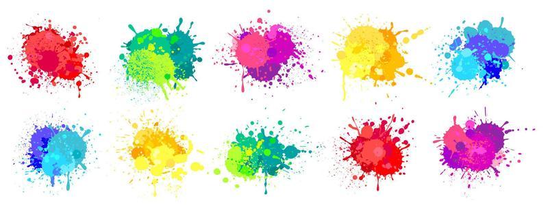 Paint splatter. Colorful spray paints splashes, rainbow colored ink stains, drops, blot. Abstract grunge color painted stains vector set
