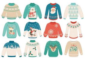 Cartoon ugly sweaters. Warm winter clothes with ornaments, santa, penguin, white bear. Christmas holiday knitted sweater and jumper vector set