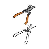 Vector illustration for your design. Colored and black line outline. Garden set. Tools. Secateurs.