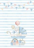 Template for Baby Shower greeting cards or invitations. Hand drawn watercolor illustration with childish Pram and Balloons. drawing of Kid Stroller with presents and garlands for newborn party vector