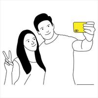 Sketch of young couple taking picture with mobile phone. vector