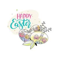 Cute holiday card with easter eggs and flowers, happy easter vector