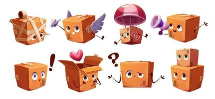 Cute parcel box character, happy delivery mascot vector