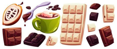 Isolated white chocolate bar and cacao vector set