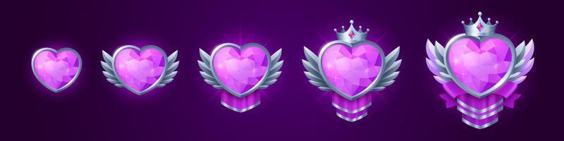 Game badges of heart shape gem in silver frame vector