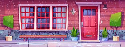 House facade with porch in rainy weather vector