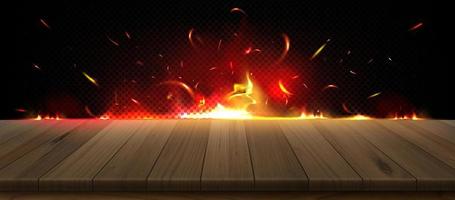 Realistic fire on kitchen wooden table background vector