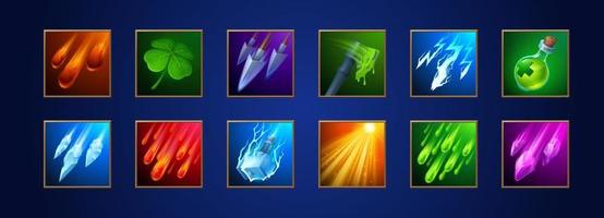 Fantasy game icons of magic spells and skills vector