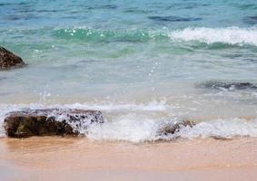 Landscape summer front view  tropical sea beach rock blue white sand background calm Nature ocean Beautiful wave crash splashing water travel Nang Ram Beach East thailand Chonburi Exotic horizon. photo