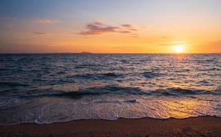 Panorama front viewpoint landscape travel summer sea wind wave cool on holiday calm coastal big sun set sky light orange golden Nature tropical Beautiful evening hour day At Bang san Beach Thailand. photo