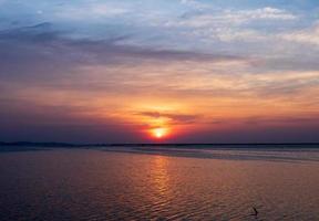 Panorama front viewpoint landscape travel summer sea wind wave cool on holiday calm coastal big sun set sky light orange golden Nature tropical Beautiful evening hour day At Bang san Beach Thailand. photo