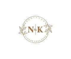 initial NK letters Beautiful floral feminine editable premade monoline logo suitable for spa salon skin hair beauty boutique and cosmetic company. vector