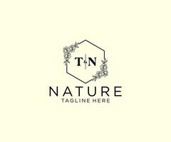 initial TN letters Botanical feminine logo template floral, editable premade monoline logo suitable, Luxury feminine wedding branding, corporate. vector