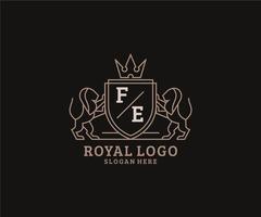 Initial FE Letter Lion Royal Luxury Logo template in vector art for Restaurant, Royalty, Boutique, Cafe, Hotel, Heraldic, Jewelry, Fashion and other vector illustration.