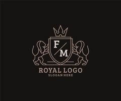 Initial FM Letter Lion Royal Luxury Logo template in vector art for Restaurant, Royalty, Boutique, Cafe, Hotel, Heraldic, Jewelry, Fashion and other vector illustration.