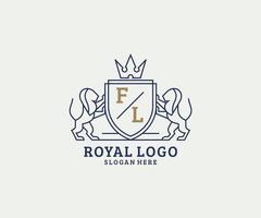 Initial FL Letter Lion Royal Luxury Logo template in vector art for Restaurant, Royalty, Boutique, Cafe, Hotel, Heraldic, Jewelry, Fashion and other vector illustration.