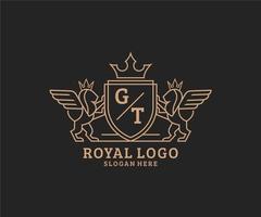 Initial GT Letter Lion Royal Luxury Heraldic,Crest Logo template in vector art for Restaurant, Royalty, Boutique, Cafe, Hotel, Heraldic, Jewelry, Fashion and other vector illustration.