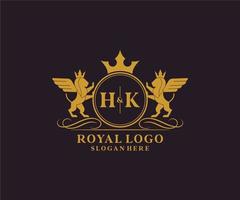 Initial HK Letter Lion Royal Luxury Heraldic,Crest Logo template in vector art for Restaurant, Royalty, Boutique, Cafe, Hotel, Heraldic, Jewelry, Fashion and other vector illustration.