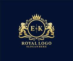 Initial EK Letter Lion Royal Luxury Logo template in vector art for Restaurant, Royalty, Boutique, Cafe, Hotel, Heraldic, Jewelry, Fashion and other vector illustration.