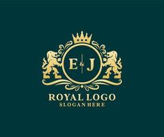 Initial EJ Letter Lion Royal Luxury Logo template in vector art for Restaurant, Royalty, Boutique, Cafe, Hotel, Heraldic, Jewelry, Fashion and other vector illustration.