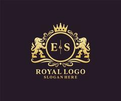 Initial ES Letter Lion Royal Luxury Logo template in vector art for Restaurant, Royalty, Boutique, Cafe, Hotel, Heraldic, Jewelry, Fashion and other vector illustration.