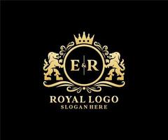 Initial ER Letter Lion Royal Luxury Logo template in vector art for Restaurant, Royalty, Boutique, Cafe, Hotel, Heraldic, Jewelry, Fashion and other vector illustration.