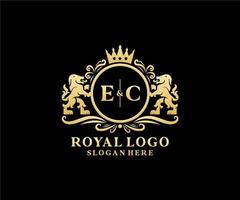 Initial EC Letter Lion Royal Luxury Logo template in vector art for Restaurant, Royalty, Boutique, Cafe, Hotel, Heraldic, Jewelry, Fashion and other vector illustration.
