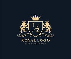 Initial IZ Letter Lion Royal Luxury Heraldic,Crest Logo template in vector art for Restaurant, Royalty, Boutique, Cafe, Hotel, Heraldic, Jewelry, Fashion and other vector illustration.