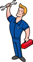 mecánico hombre logo, personal de mantenimiento para servicio, reparador o mantenimiento mascota concepto dibujos animados personaje diseño aislado ilustración png
