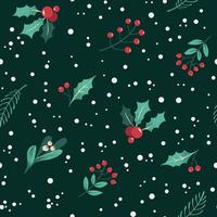 Seamless Christmas pattern with snowflakes and winter plants, leaves, berries on a dark green background. Decorative wallpaper, Vector. Happy New Year. Winter time vector