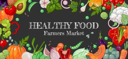 Organic healthy food of farmers market. Vegetarian food banner. Bright juicy garden vegetables on a chalkboard or dark background. A new crop of tomatoes, bell peppers, cabbage, onions, avocados vector