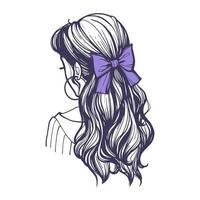 peinado con un púrpura arco en largo cabello. hermosa hembra peinado con retro estilo pelo accesorio. mano dibujado vector ilustración en garabatear estilo aislado en blanco antecedentes.