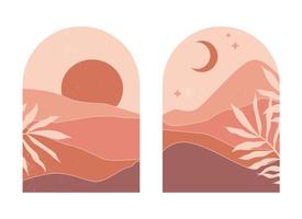 Abstract mountain landscapes in arches at sunset with sun and moon in an aesthetic, minimalist mid century style in natural earthy tones, terracotta and beige. Abstract trend line art. vector