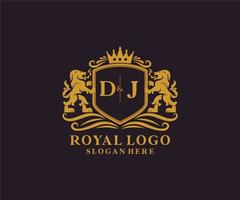 Initial DJ Letter Lion Royal Luxury Logo template in vector art for Restaurant, Royalty, Boutique, Cafe, Hotel, Heraldic, Jewelry, Fashion and other vector illustration.