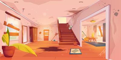 Abandoned cartoon house hallway, messy living room vector