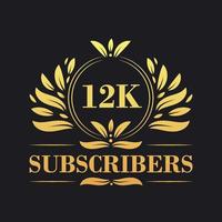 12K Subscribers celebration design. Luxurious 12K Subscribers logo for social media subscribers vector