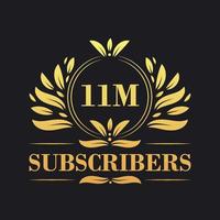 11M Subscribers celebration design. Luxurious 11M Subscribers logo for social media subscribers vector