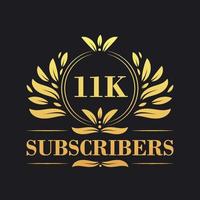 11K Subscribers celebration design. Luxurious 11K Subscribers logo for social media subscribers vector