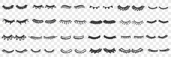 Eyelashes shapes assortment doodle set. Collection of hand drawn various shapes of black coloured eyelashes with mascara touch beauty style isolated on transparent background vector