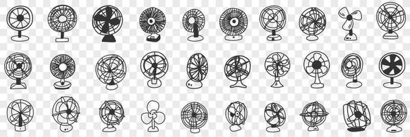 Different blowing fans doodle set. Collection of hand drawn various fans for blowing air and air conditioning in rows isolated on transparent background vector