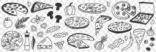 Ingredients for pizza doodle set. Collection of hand drawn tasty cheese vegetables onion pepper salami and pieces of fresh cooked pizza fast food isolated on transparent background vector