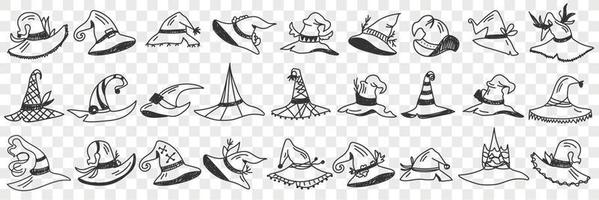 Gnome cap styles doodle set. Collection of hand drawn various shapes and designs of gnomes caps individual traditional accessories in rows isolated on transparent background vector