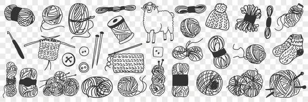 Production of wool doodle set. Collection of hand drawn wool for knitting and sewing and sheep for cutting various isolated on transparent background vector